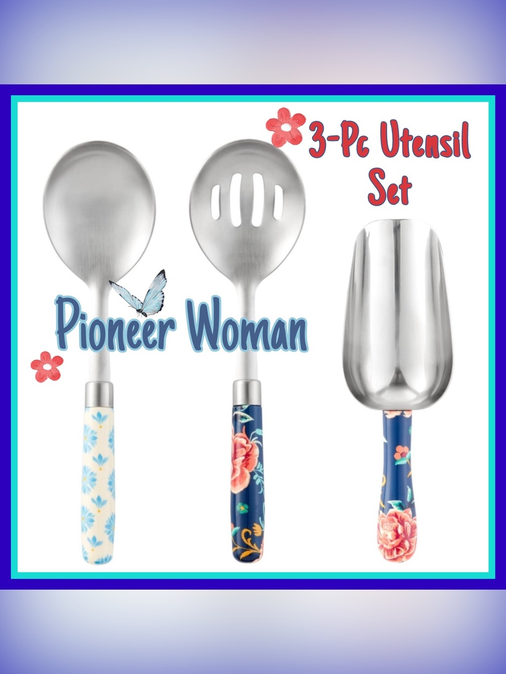 🥄SALE!🍴Pioneer Woman Blue Floral 3-Piece Serving Utensil & Scoop Set